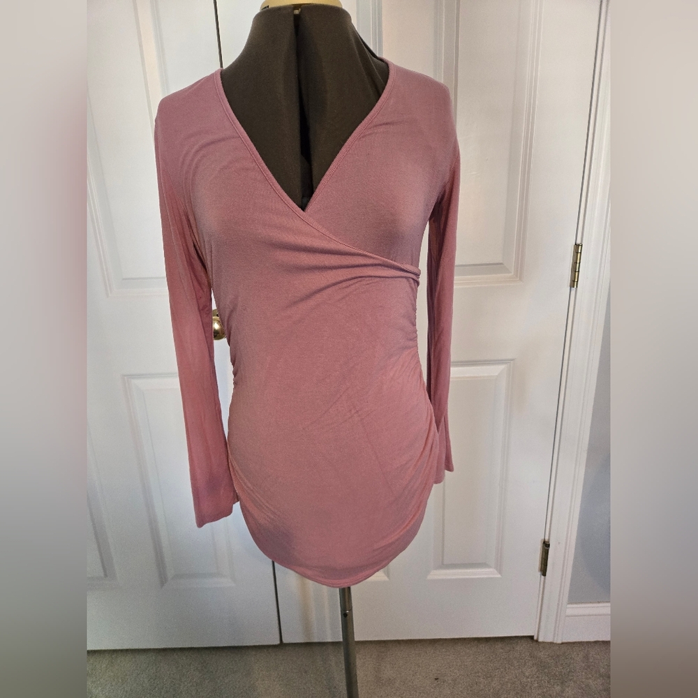 Pink Wrap Fitted Long Sleeve Blouse